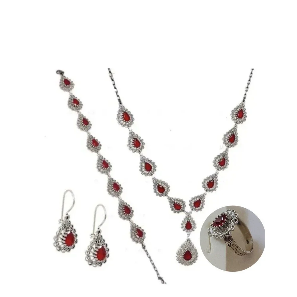 925 Sterling Silver Turkish Filigree Wedding Jewelry Set for Women, HandmadeGift - Picture 4 of 9